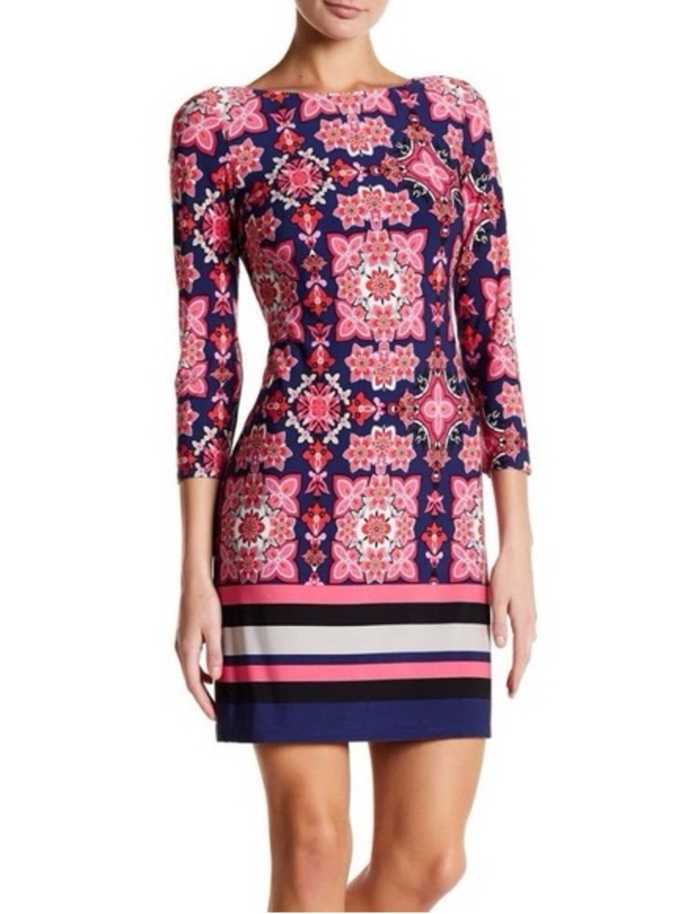 Vince Camuto Geometric Floral Print 3/4 Sleeve Jersey Dress